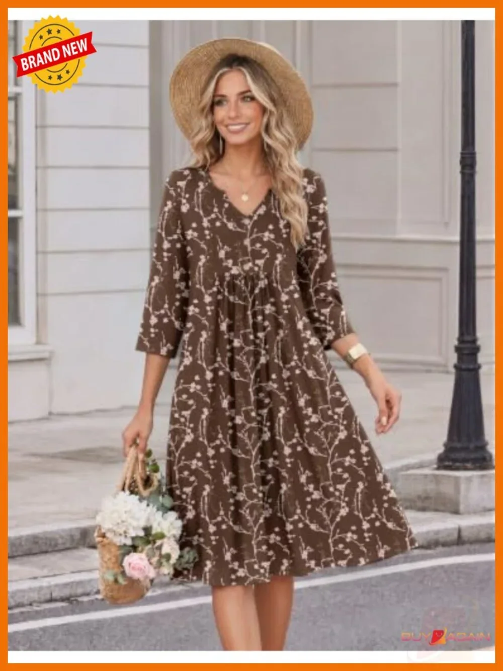 Zeagoo Womens 3/4 Sleeve A-Line Midi Dress with Pockets Casual Fall
